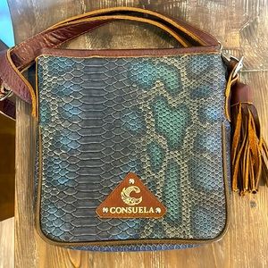 Consuela Crossbody Bag Leather Snake Print Blue and Copper GORGEOUS